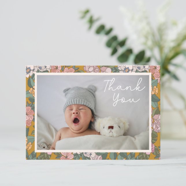 Modern Boho Floral Two Photo Baby Shower Message Thank You Card (Standing Front)