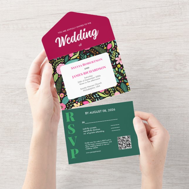 Modern Boho Floral Wedding All In One Invitation (Tearaway)