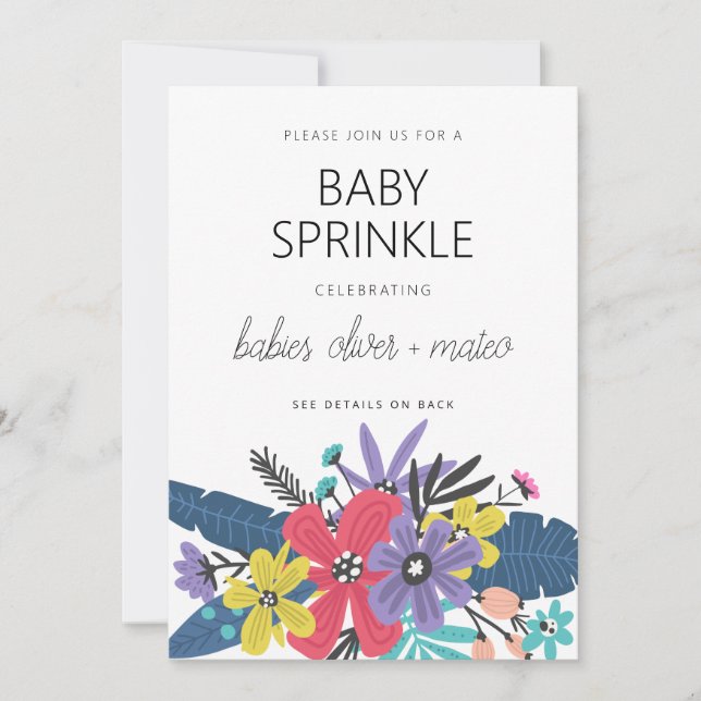 Modern Boho Flowers Twin Boy Baby Sprinkle Invitation (Front)
