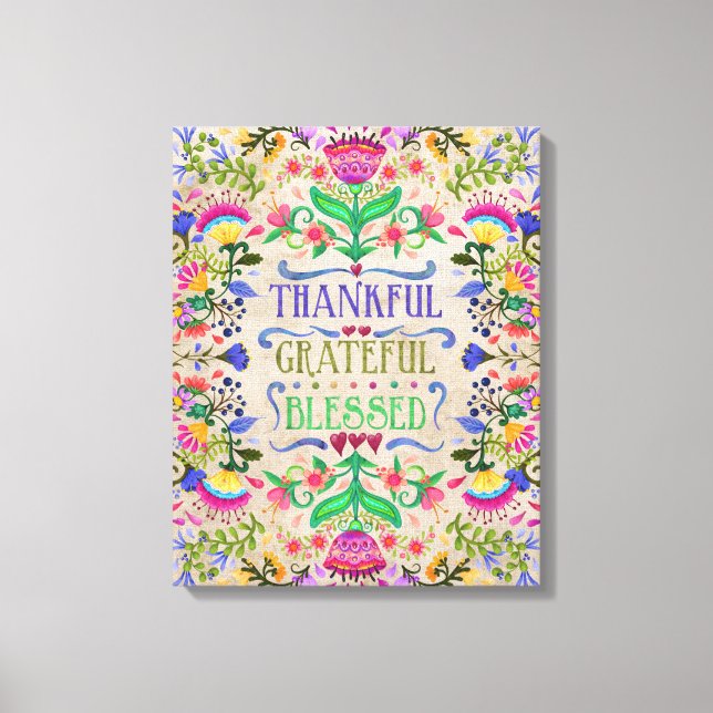 Modern Boho Folk Art Flowers | Blessed Canvas Print (Front)