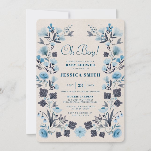 Modern Boho Folk Blue Boy Baby Shower Invitation (Front)