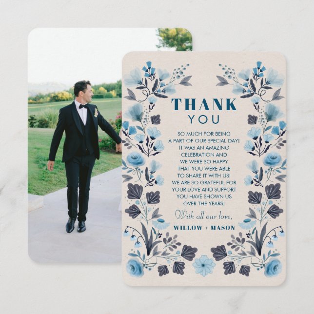 Modern Boho Folk Wedding Thank You Card with Photo (Front/Back)