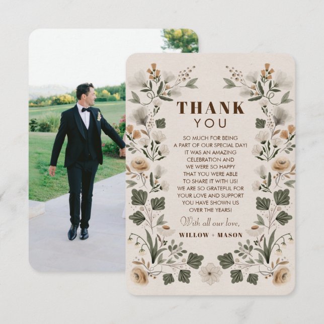 Modern Boho Folk Wedding Thank You Card with Photo (Front/Back)