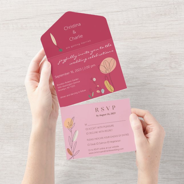 Modern Boho Fuchsia Pink Line Art Wedding All In One Invitation (Tearaway)