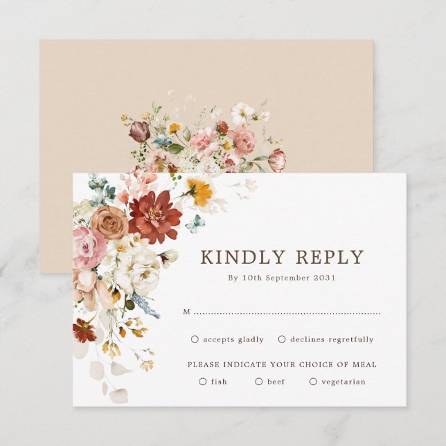 Modern Boho Garden Flower Bouquet Wedding RSVP Card (Front/Back)