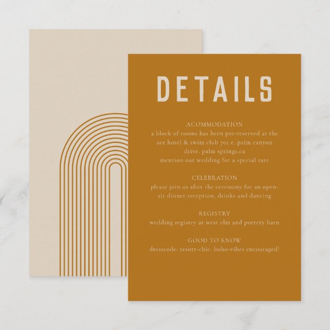 Modern Boho Geometric Arch Golden Beige Wedding Enclosure Card (Front/Back)