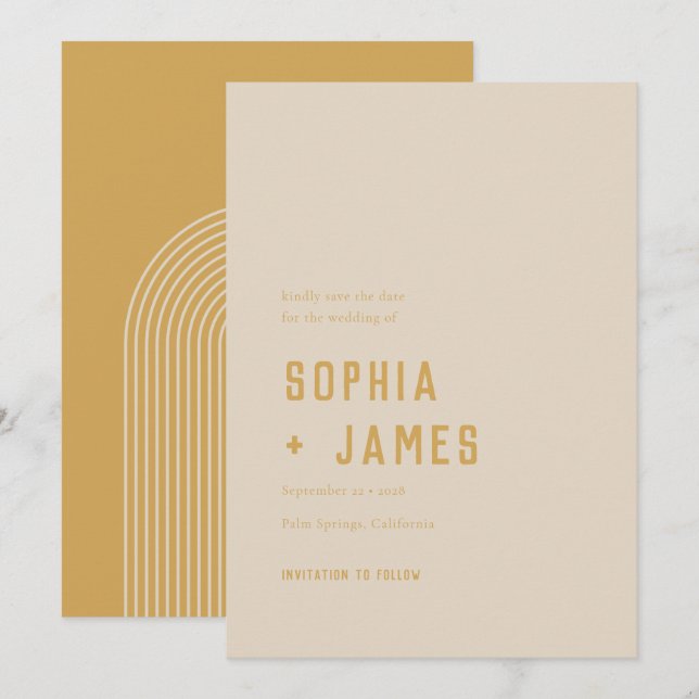 Modern Boho Geometric Arch Golden Beige Wedding Save The Date (Front/Back)