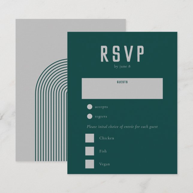 Modern Boho Geometric Arch Green Grey Wedding RSVP Card (Front/Back)
