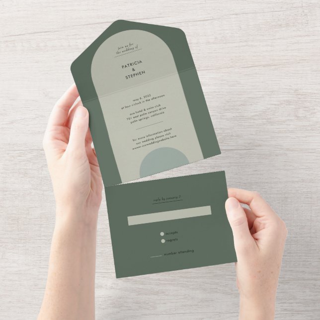 Modern Boho Geometric Arch Sage Green Wedding All In One Invitation (Tearaway)