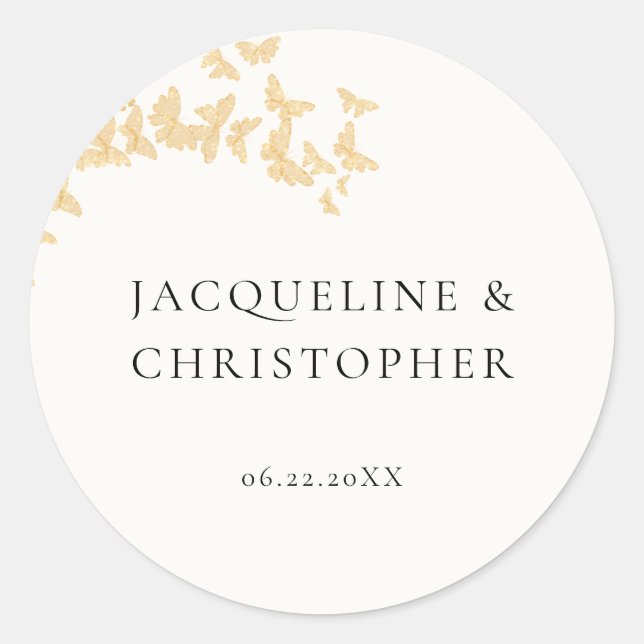 Modern Boho Gold Butterflies Romantic Wedding Classic Round Sticker (Front)