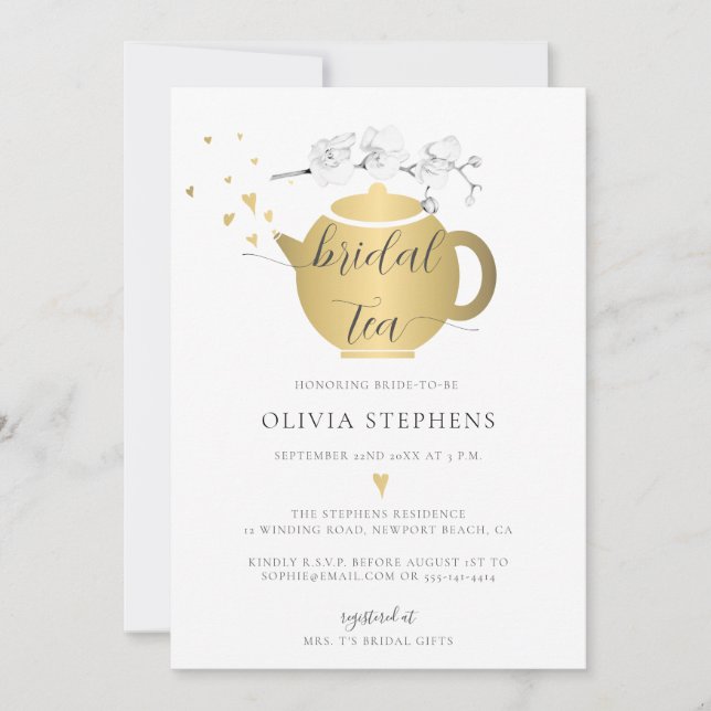 Modern Boho Gold Hearts Orchids Floral Bridal Tea Invitation (Front)