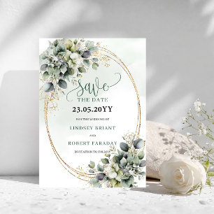 Modern Boho Green and White Save The Date Card