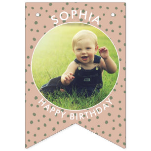 Modern Boho green Custom birthday photo bunting Bunting