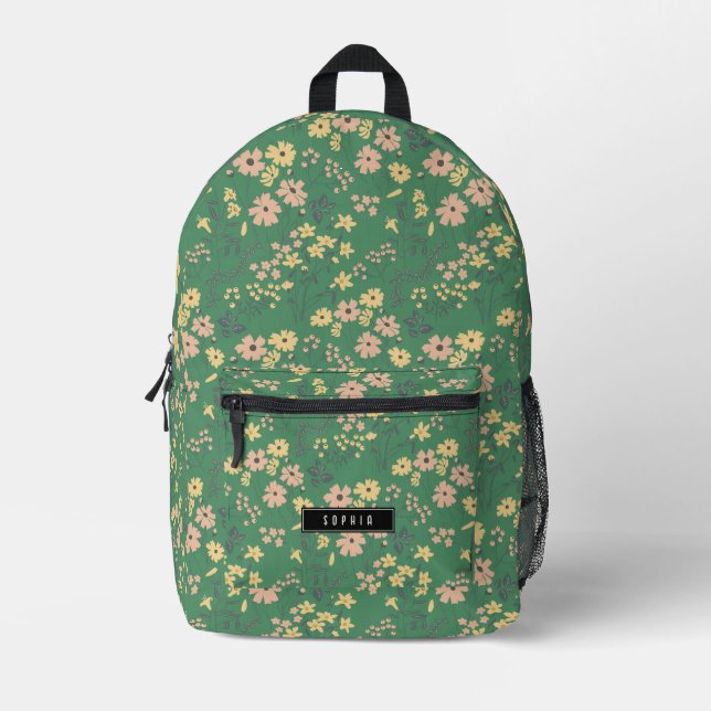 Modern Boho Green Floral Custom Name Printed Backpack (Front)