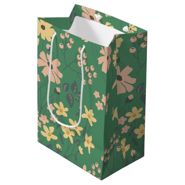Modern Boho Green Floral Pattern Medium Gift Bag (Front Angled)