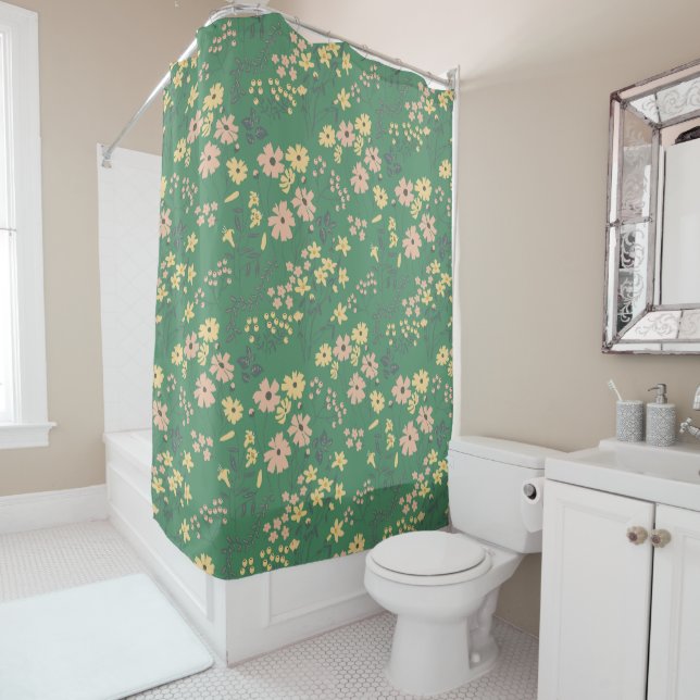 Modern Boho Green Floral Pattern Shower Curtain (In Situ)