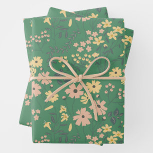 Modern Boho Green Floral Pattern Wrapping Paper Sheet