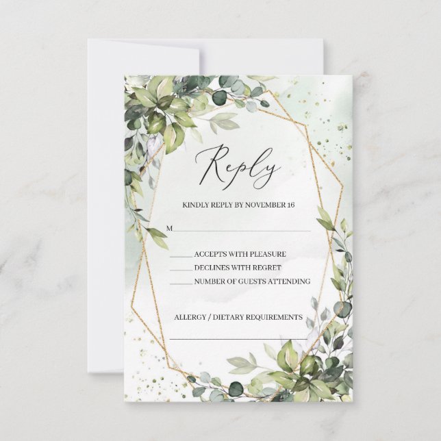 Modern Boho green foliage gold geometric wedding RSVP Card (Front)