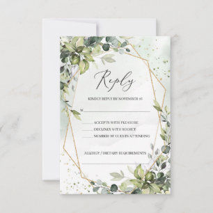 Modern Boho green foliage gold geometric wedding RSVP Card