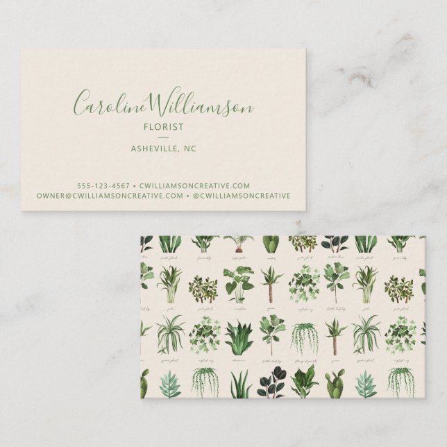 Modern Boho Green White Plants Botanical Florist Business Card (Front/Back)