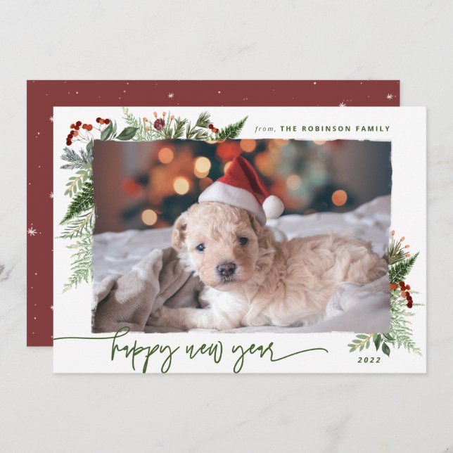 Modern Boho Greenery Burgundy New Year Photo Holiday Card (Front/Back)