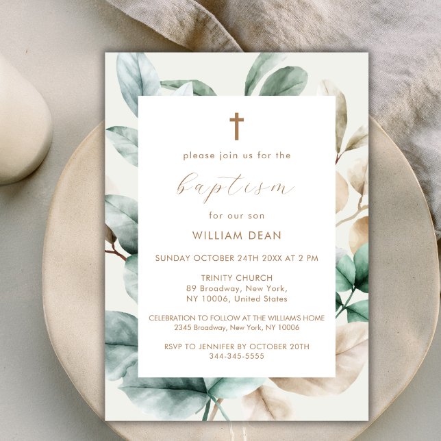 Modern Boho Greenery Cross Baptism Invitation (Modern Boho Greenery Cross Baptism Invitation)