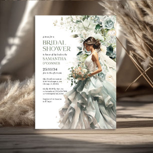 Modern boho greenery eucalyptus bride with veil invitation