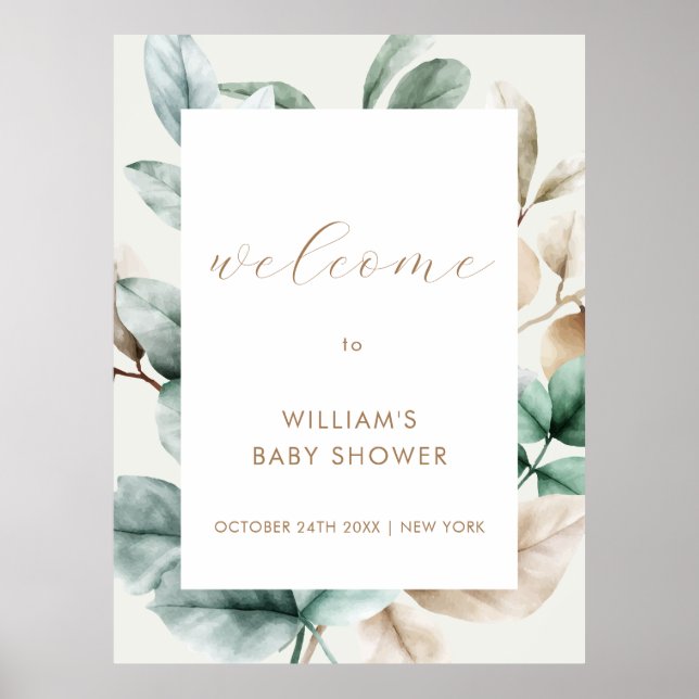 Modern Boho Greenery Leaves Baby Shower Welcome  Poster (Front)