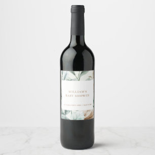 Modern Boho Greenery Leaves Baby Shower Wine Label
