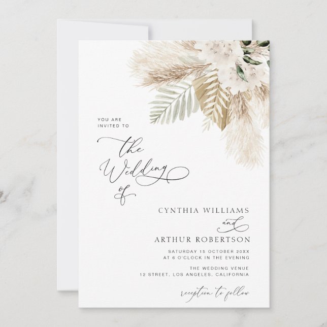 modern boho greenery pampas grass invitation (Front)