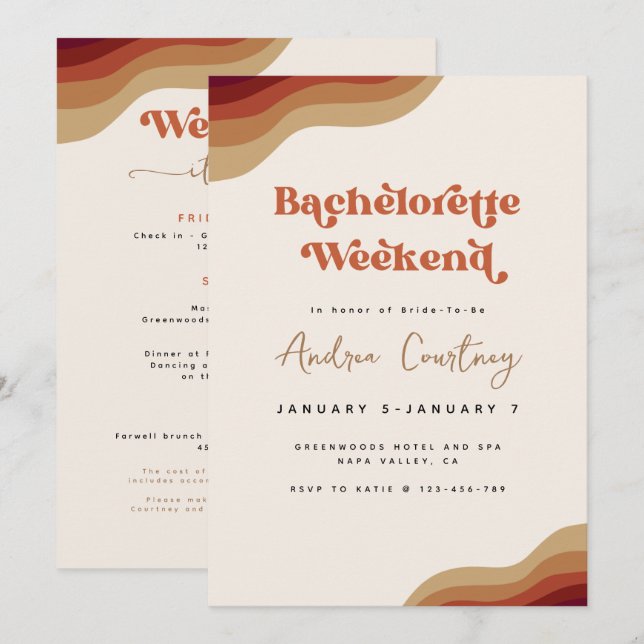 Modern Boho Groovy Terracotta Bachelorette Weekend Invitation (Front/Back)
