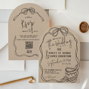 Modern boho hand drawn bow KRAFT retro wedding Invitation