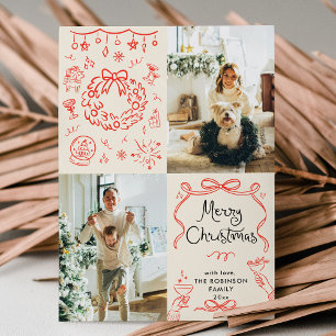 Modern Boho Hand Drawn Bows Merry Christmas Photo Holiday Card