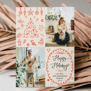 Modern Boho Hand Drawn Happy Holidays 2 Photo Holiday Card