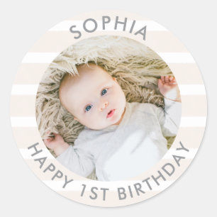Modern Boho Happy 1st Birthday Photo Classic Round Sticker