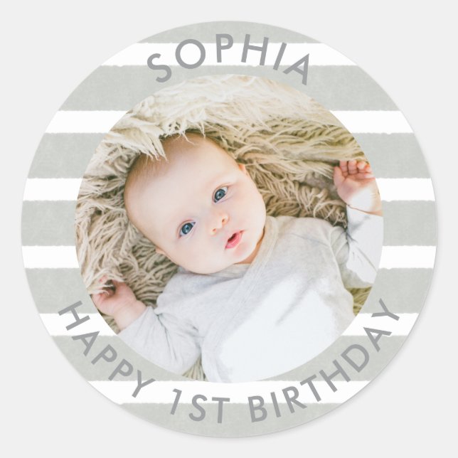 Modern Boho Happy 1st Birthday Photo Classic Round Sticker (Front)