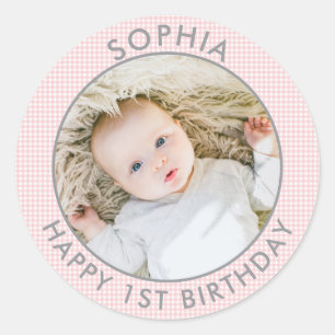 Modern Boho Happy 1st Birthday Photo Cute Classic Round Sticker
