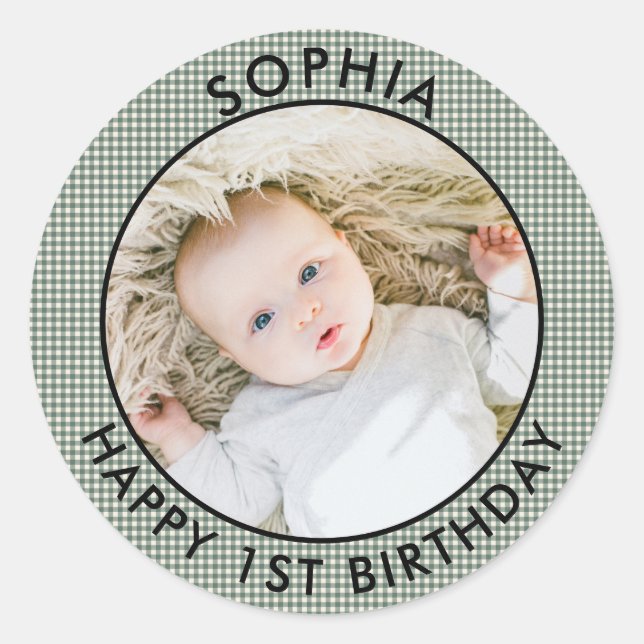 Modern Boho Happy 1st Birthday Photo Cute Classic Round Sticker (Front)