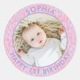 Modern Boho Happy 1st Birthday Photo Safari Classic Round Sticker