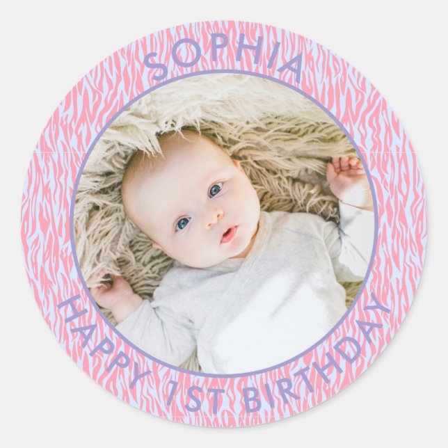 Modern Boho Happy 1st Birthday Photo Safari Classic Round Sticker (Front)