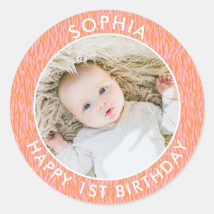 Modern Boho Happy 1st Birthday Photo Safari Classic Round Sticker