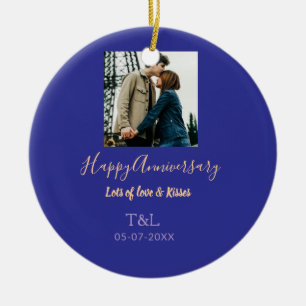 Modern boho happy anniversary add name blue orange ceramic tree decoration