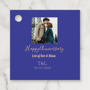 Modern boho happy anniversary add name blue orange favour tags