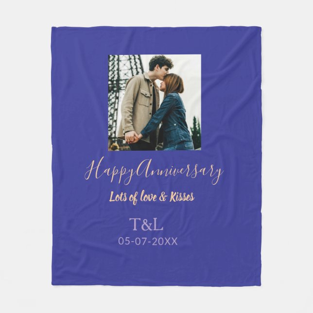 Modern boho happy anniversary add name blue orange fleece blanket (Front)