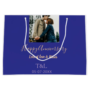 Modern boho happy anniversary add name blue orange large gift bag