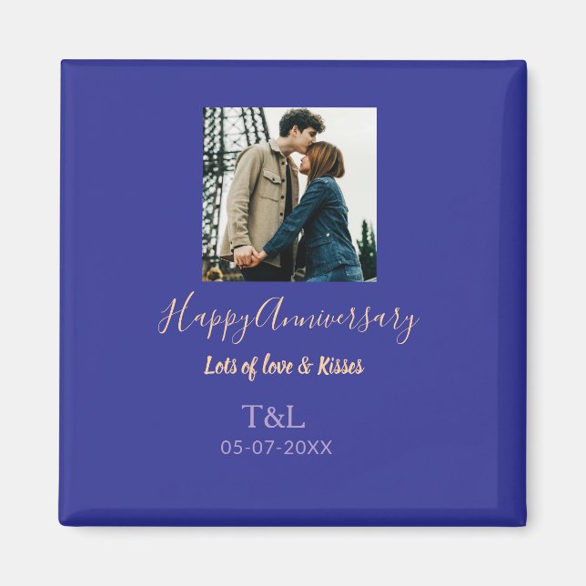 Modern boho happy anniversary add name blue orange magnet (Front)