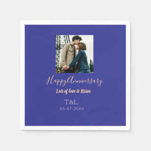 Modern boho happy anniversary add name blue orange napkin
