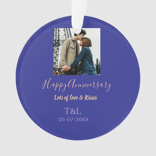Modern boho happy anniversary add name blue orange ornament (Front)