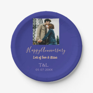 Modern boho happy anniversary add name blue orange paper plate