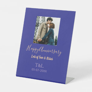 Modern boho happy anniversary add name blue orange pedestal sign